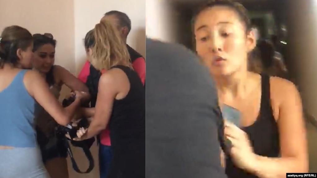 Неизвестные женщины, напавшие на съемочную группу Азаттыка 22 июля в Алматы.